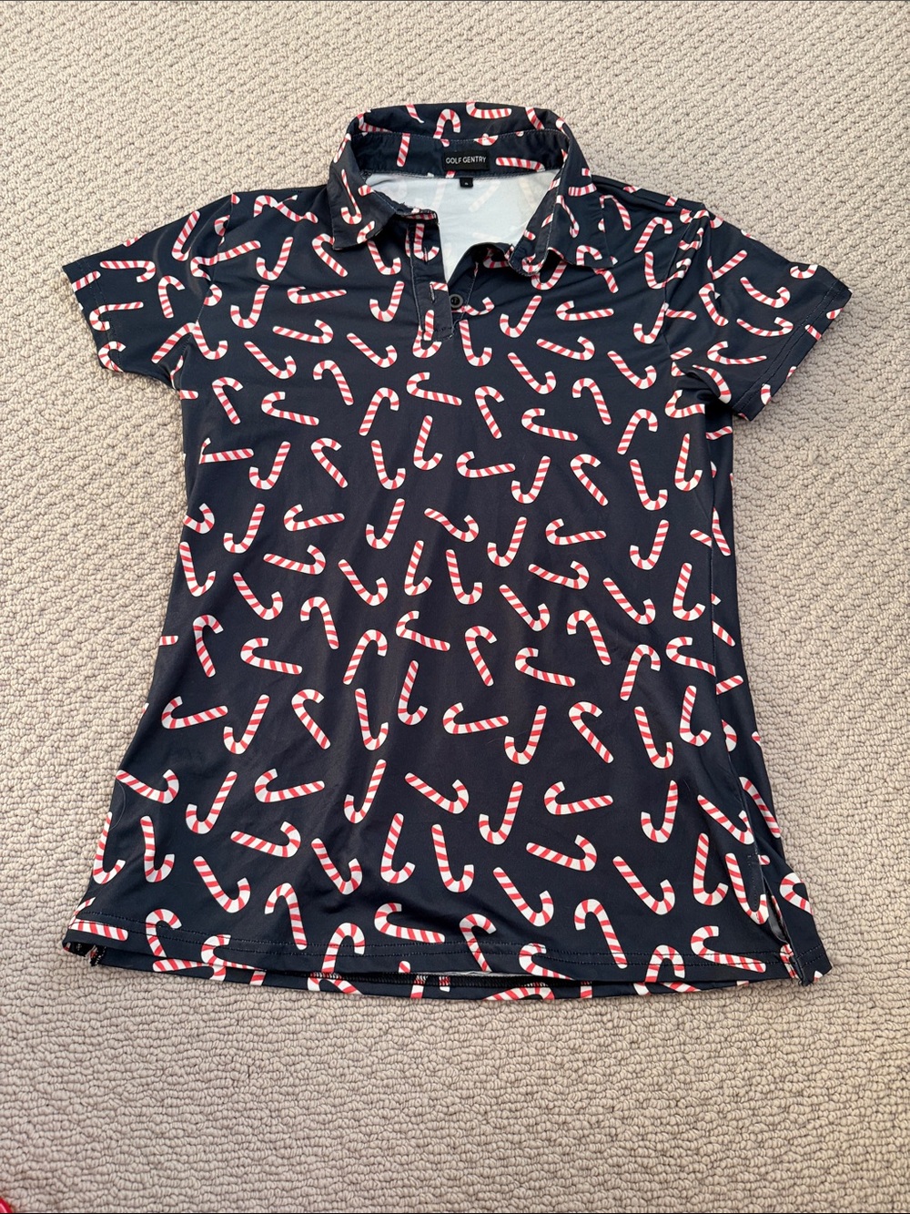 Navy Polo Top with Red & White Candy Cane Print